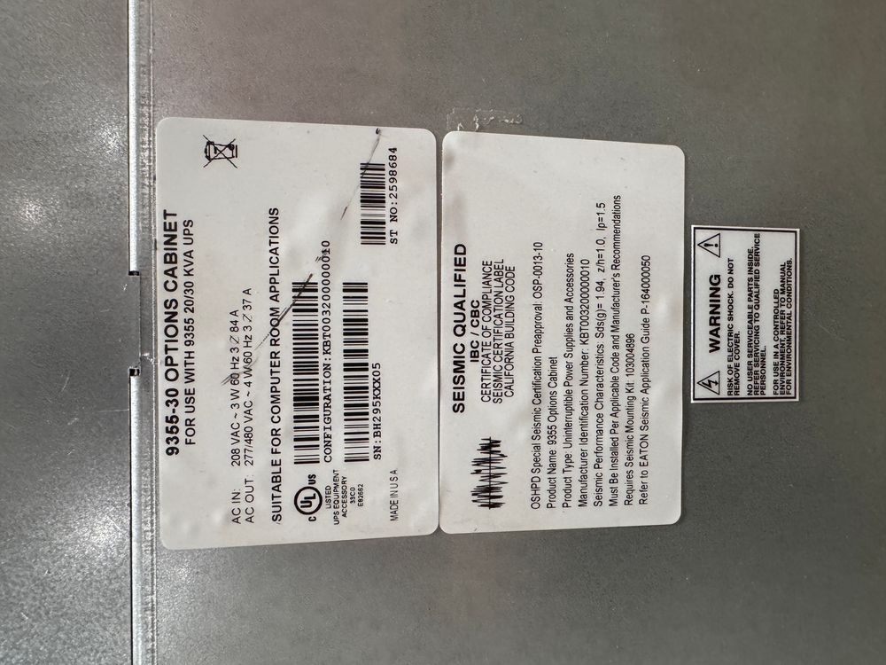 Eaton 9355-30 Options Cabinet Label