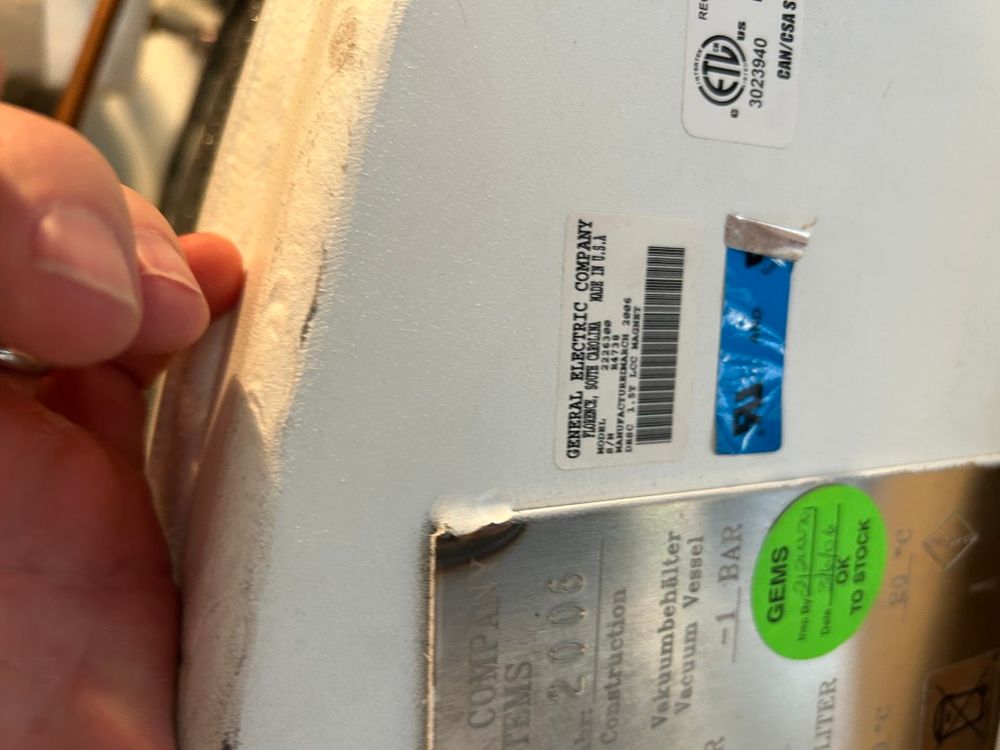 GE 1.5T LCC Magnet Label Model 2226300 S/N 29738