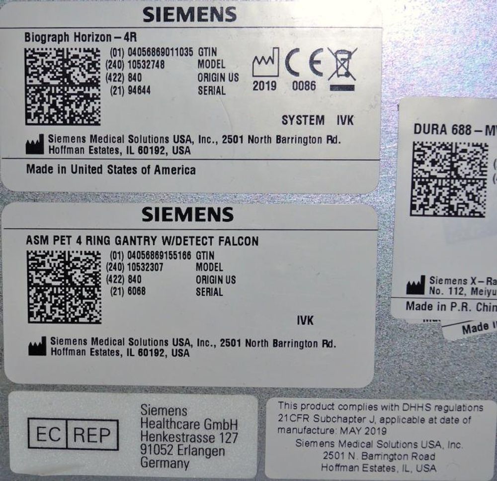 Siemens Biograph Horizon 4R and ASM PET 4 Ring Gantry W/Detect Falcon Labels