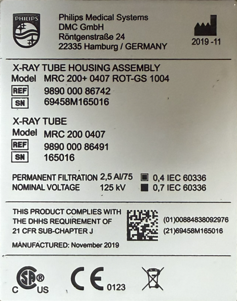 Philips Medical Systems X-Ray Tube Housing Assembly MRC 200+ 0407 ROT-GS 1004 Label 2019
