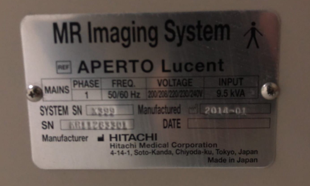 Hitachi Aperto Lucent MR Imaging System Nameplate 2014
