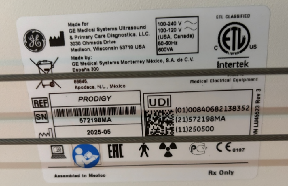 GE Lunar Prodigy Product Label SN 572198MA