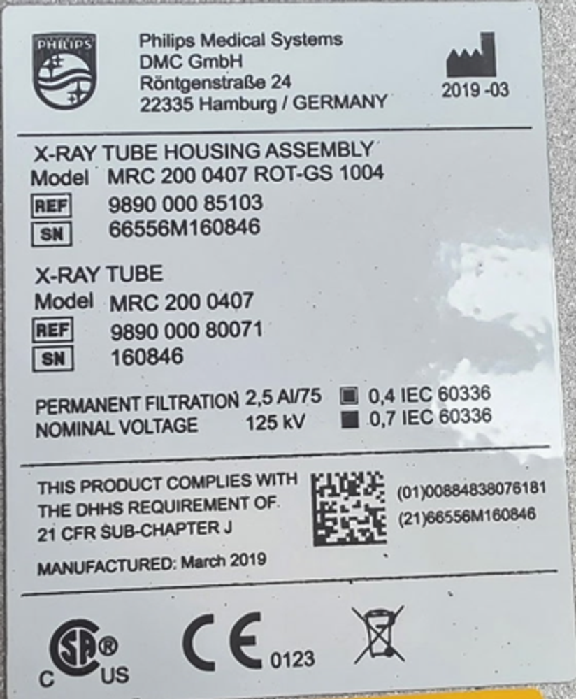 Philips X-Ray Tube Housing Assembly Label